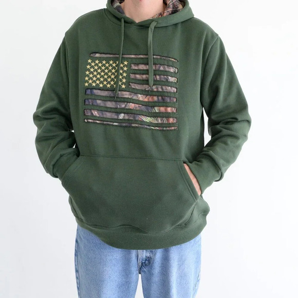 Mossy Oak Green And Brown Camo Patriotic Flag Hooded Pullover Sweater Large - Picture 2 of 10